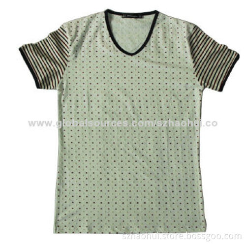 Men's New Fashion V-neck T-shirt with Full Print, Strip Yarn-dyed Sleeves, OEM Services Offered